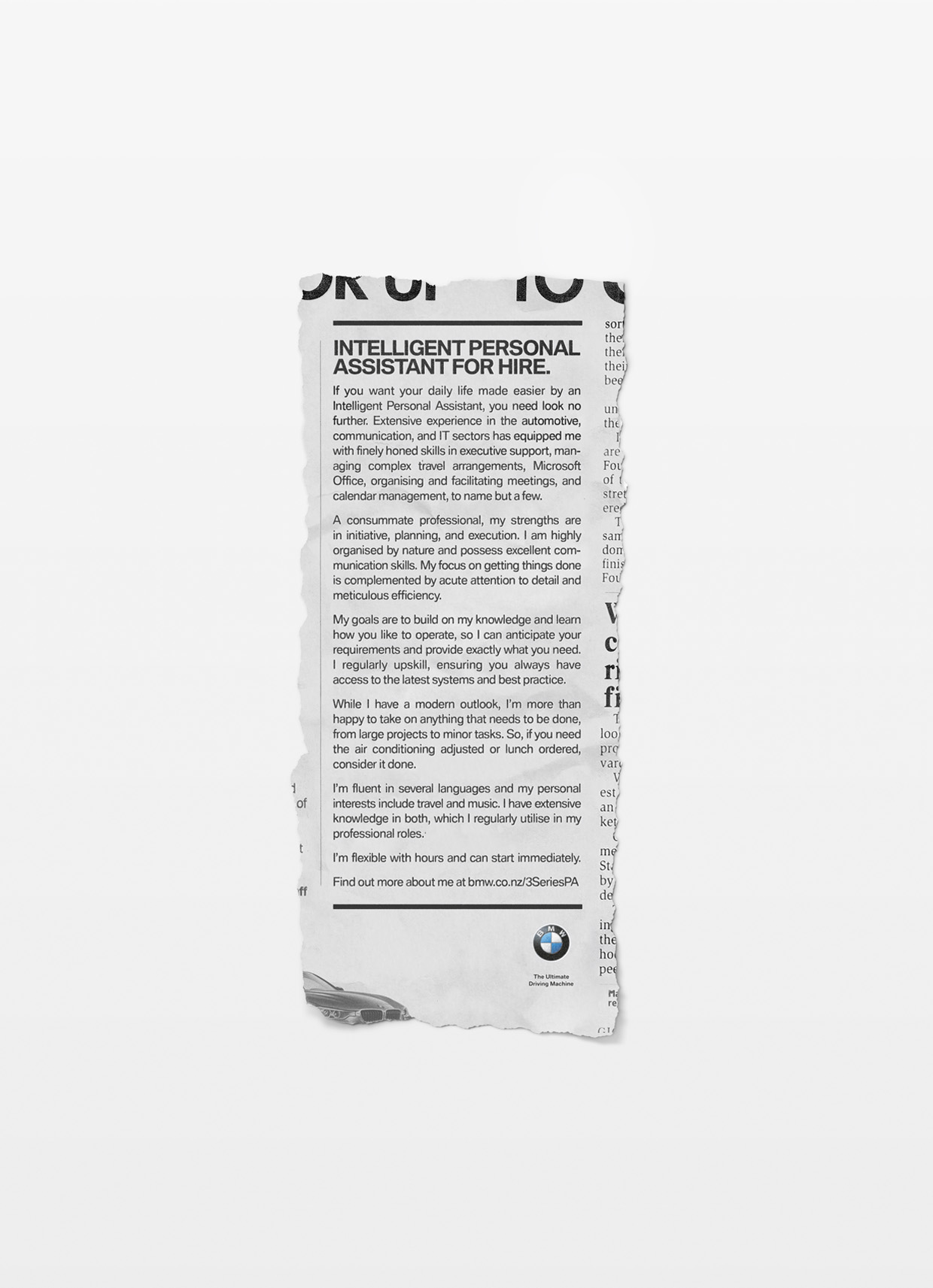 BMW’s intelligent PA hopes Kiwis will help it get a job in BMW 3 Series campaign via Colenso BBDO