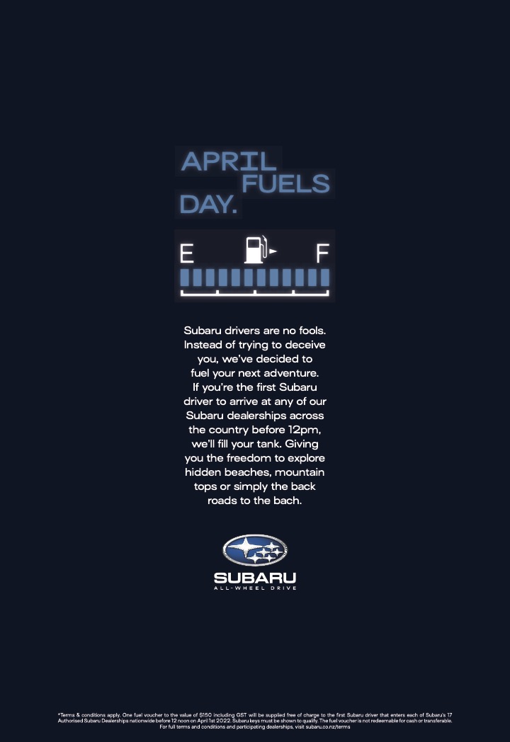 Subaru “fuels” its drivers on April Fool’s Day in targeted campaign via dentsu Aotearoa