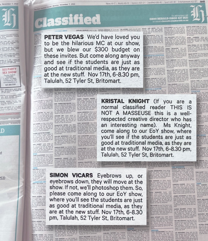 MDS students use the NZ Herald’s classified ads to invite industry to AdSchool’s End of Year show