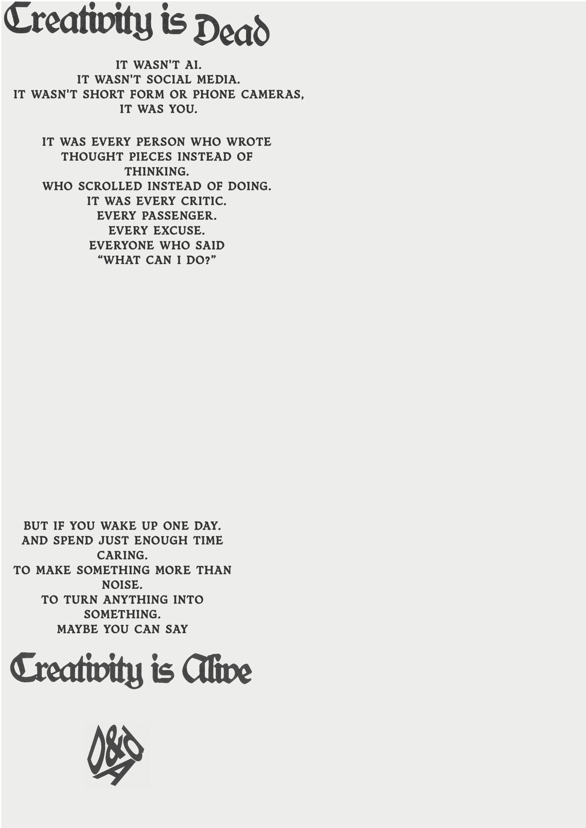 Creativity is Dead: D&AD dares the industry to prove otherwise in new manifesto via Uncommon